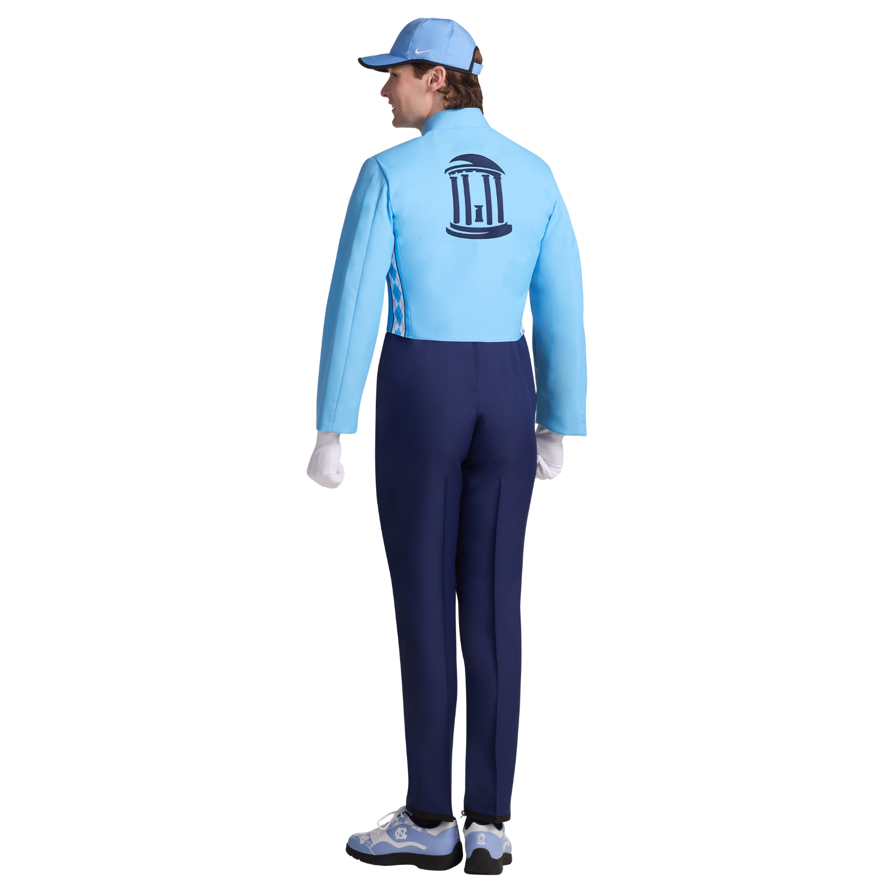 Person wearing a light blue jacket with a logo on the back, navy pants, and white gloves on a white background