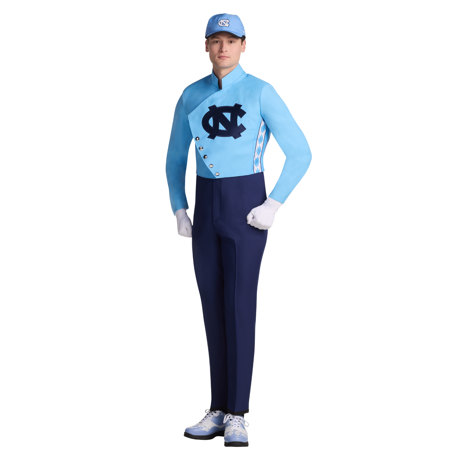 Person wearing a blue and navy outfit with a logo on a white background
