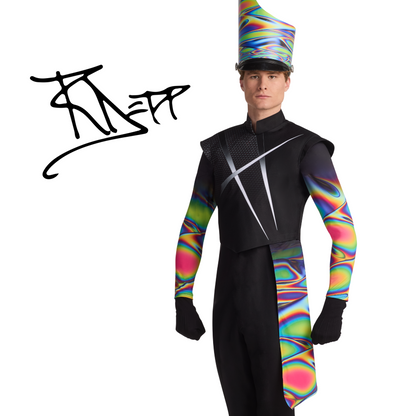 Person wearing a colorful costume with a white background