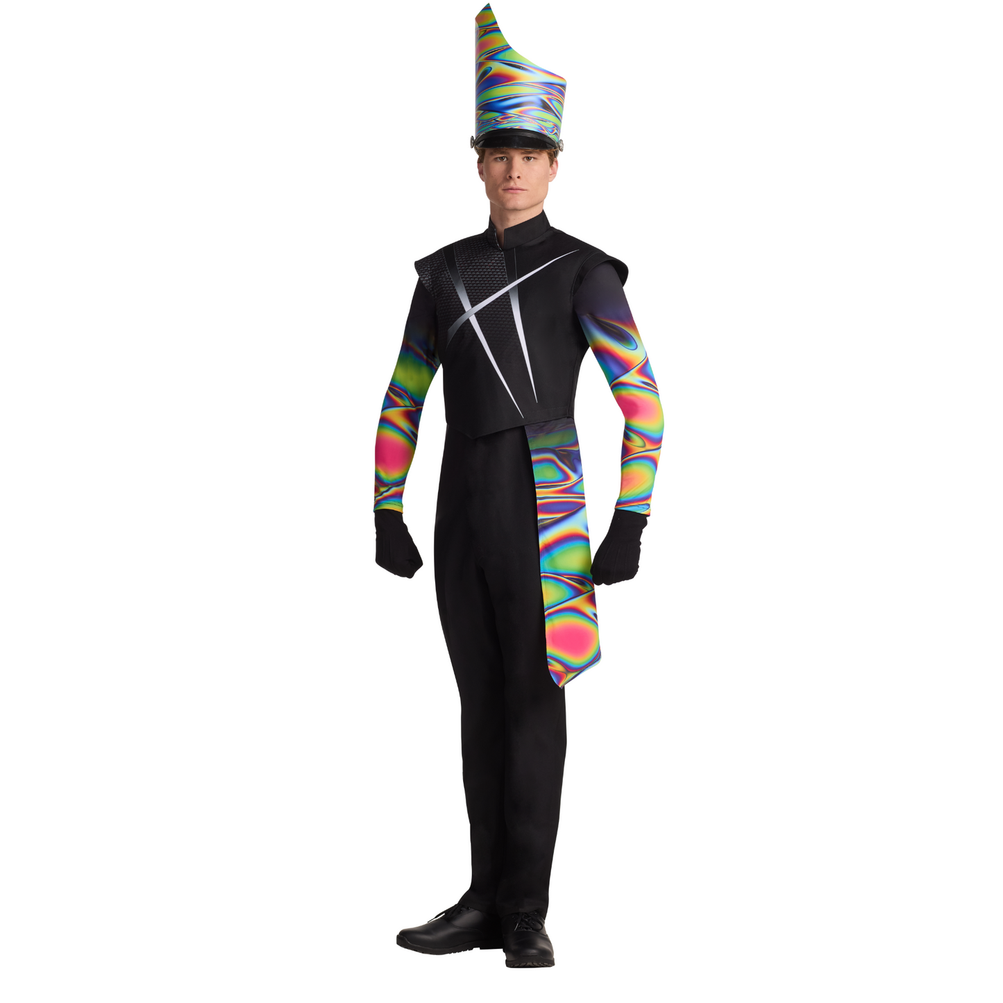 Person wearing a black and colorful costume with a hat on a white background