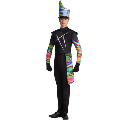 Person wearing a black and colorful costume with a hat on a white background