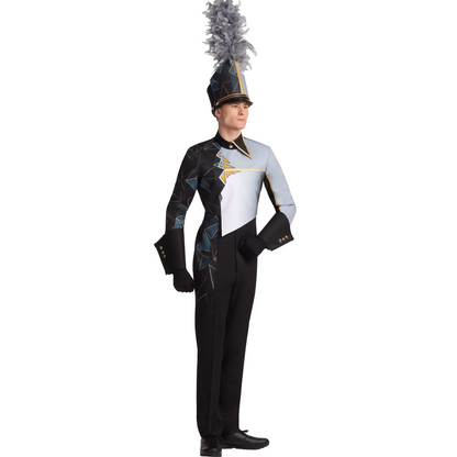 Person wearing a black and white marching band uniform with a hat on a white background