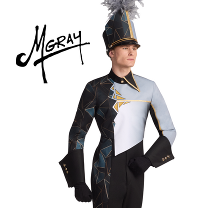 Person wearing a black and gold marching band uniform with a hat, on a white background.