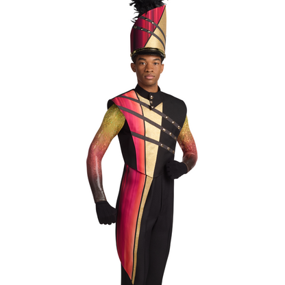 Person wearing a colorful, futuristic outfit with a white background