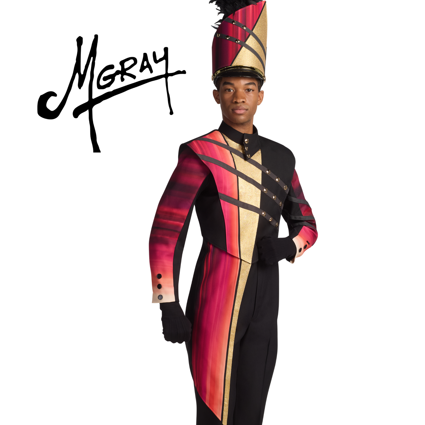 Person wearing a colorful marching band uniform with 'MGray' logo.