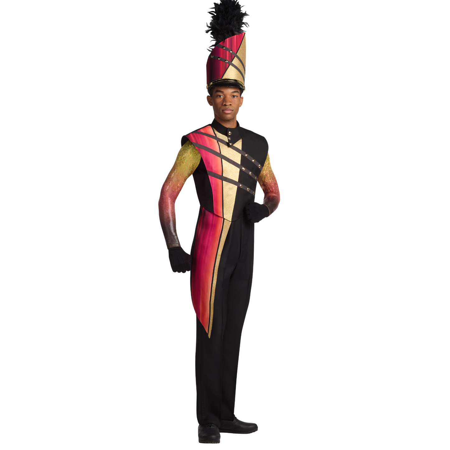 Person wearing a colorful marching band uniform with a tall hat on a white background