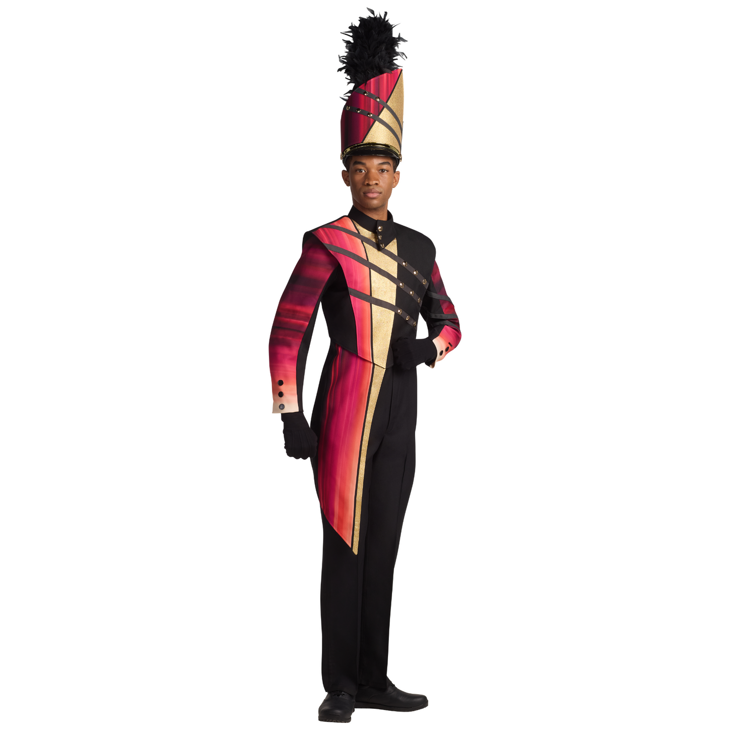 Person wearing a colorful marching band uniform with a tall hat on a white background