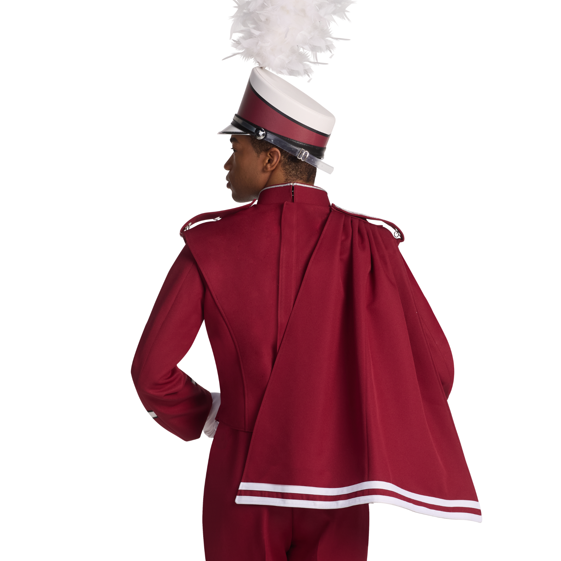 Person wearing a red marching band uniform with a white hat on a white background