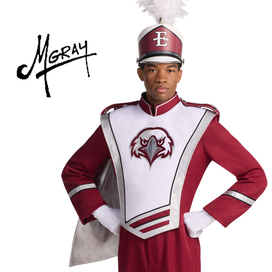 Person wearing a red and white marching band uniform with a helmet, standing against a white background.