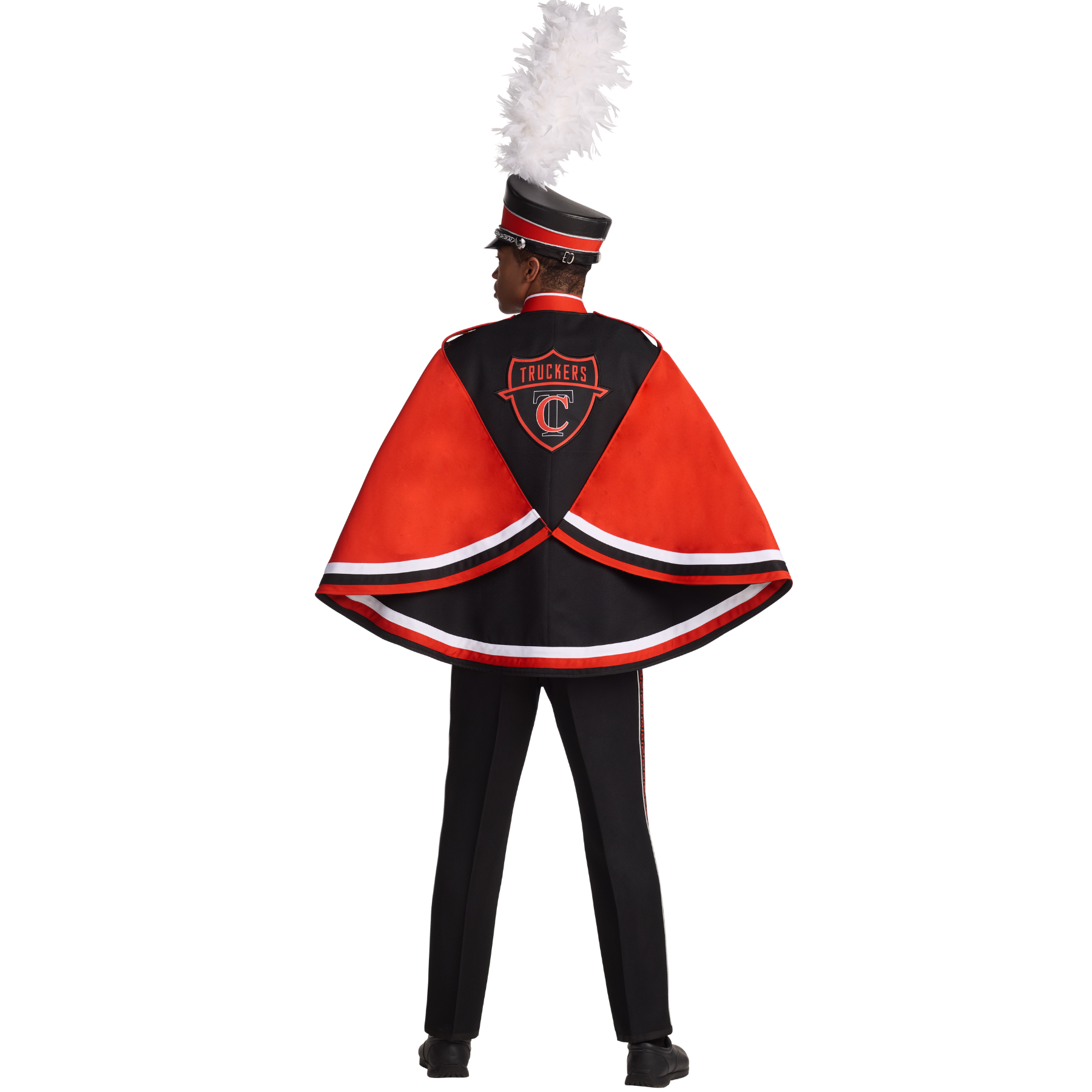 Person wearing a red and black marching band uniform with a cape on a white background