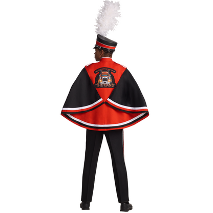 Person wearing a red and black marching band uniform with a white feathered headpiece on a white background