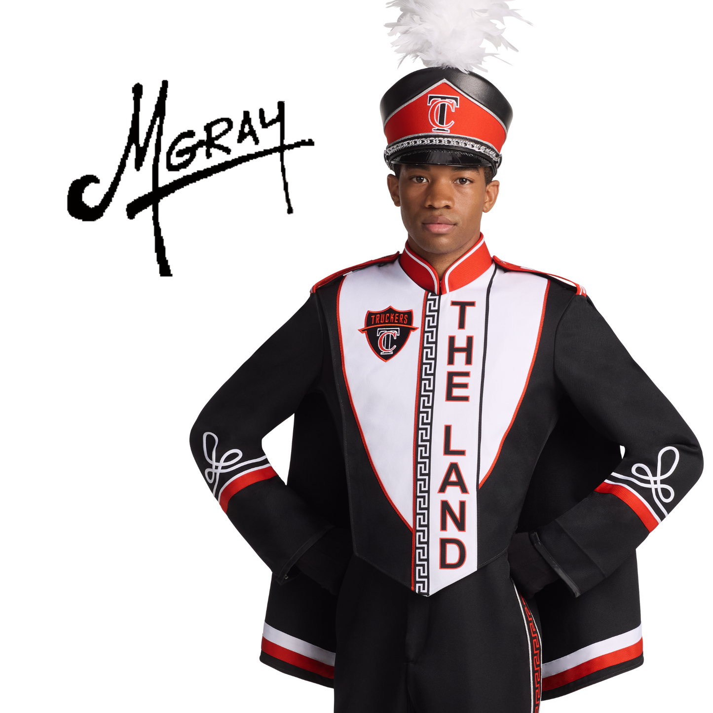 Person wearing a black, white, and red marching band uniform with 'The Land' text on a white background.