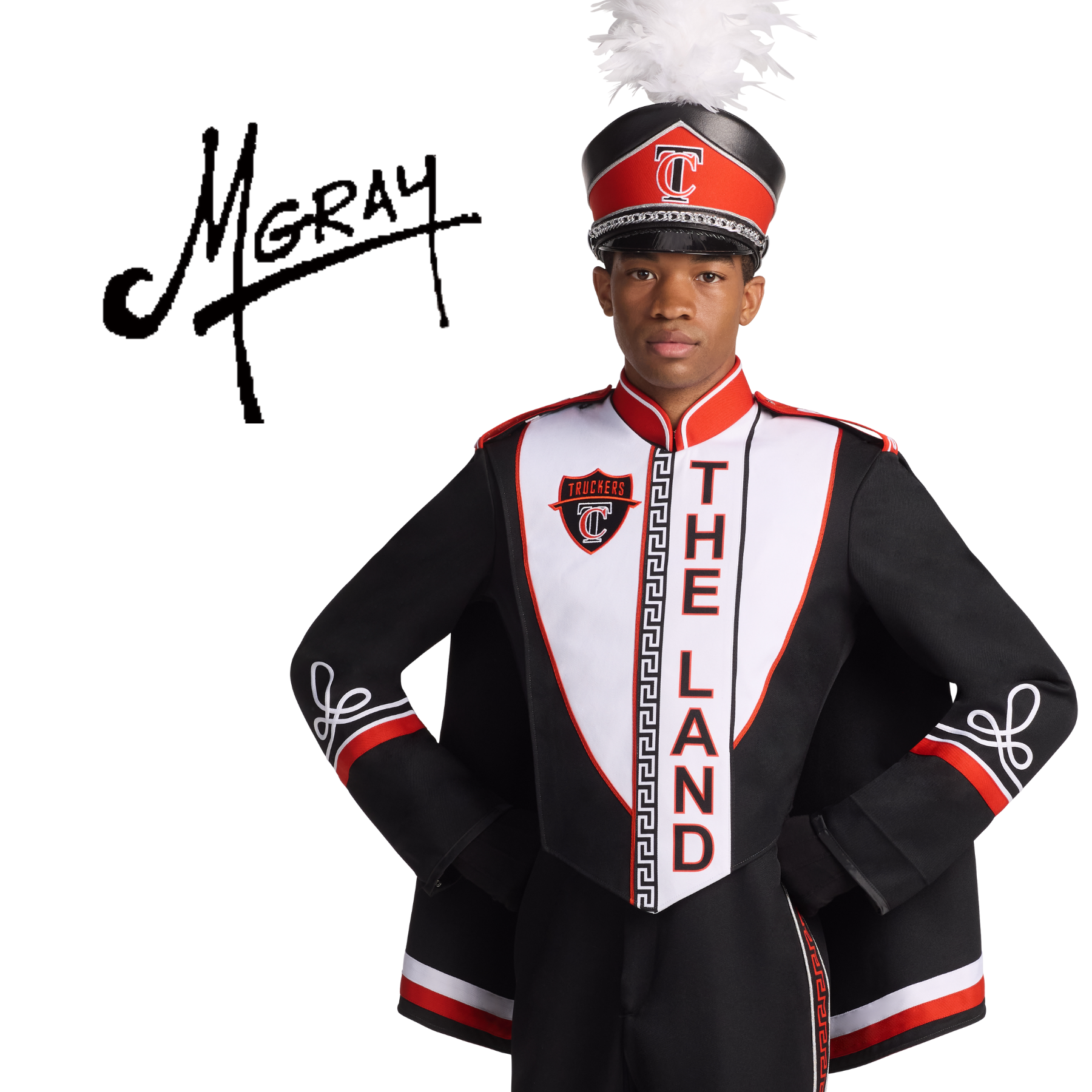 Person wearing a black, white, and red marching band uniform with 'The Land' text on a white background.