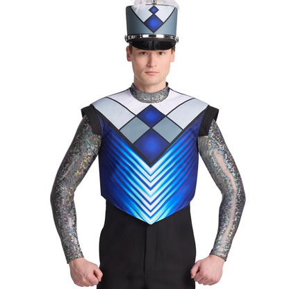 Person wearing a blue and white diamond-patterned outfit with a matching hat on a white background