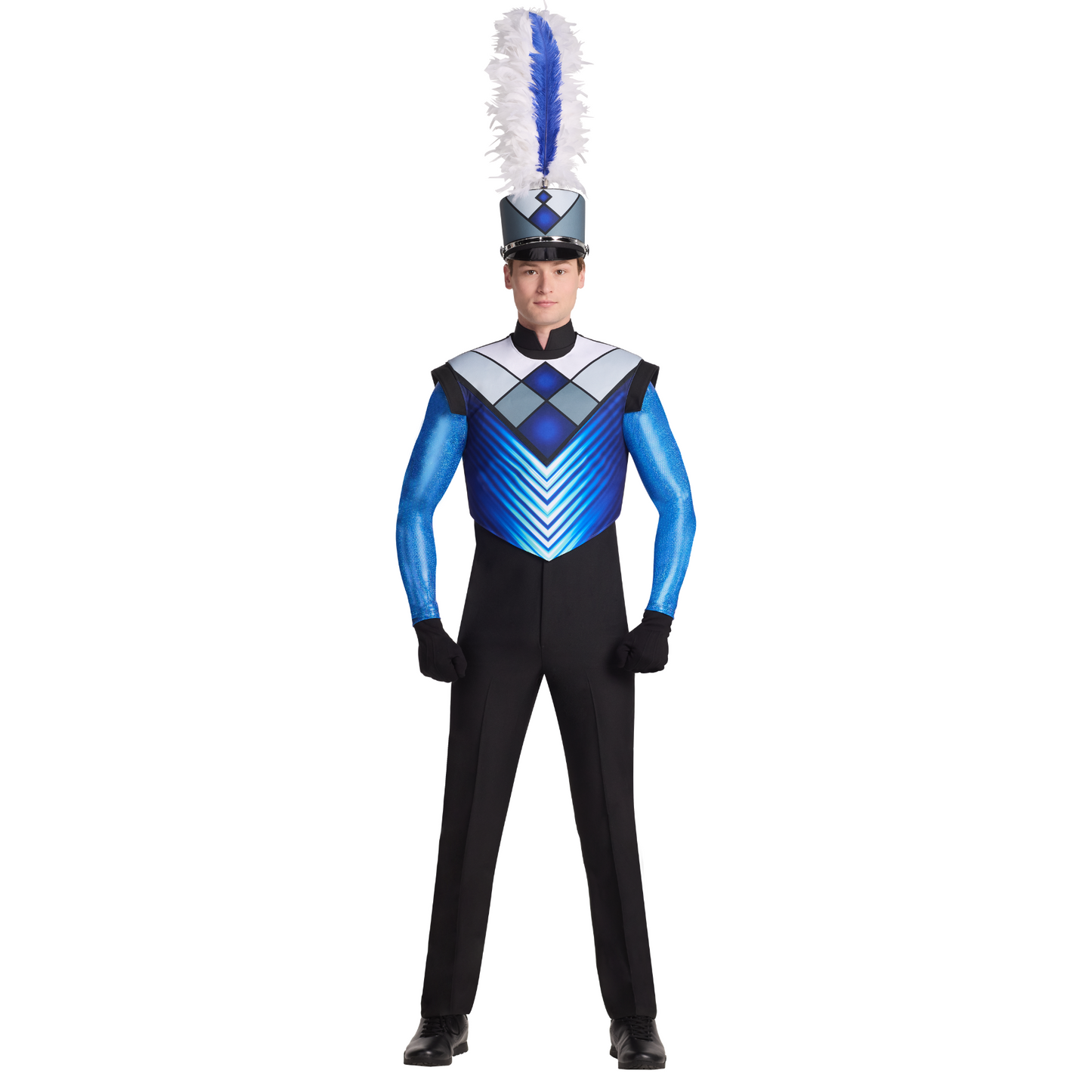 Person wearing a blue and black marching band uniform with a tall hat on a white background