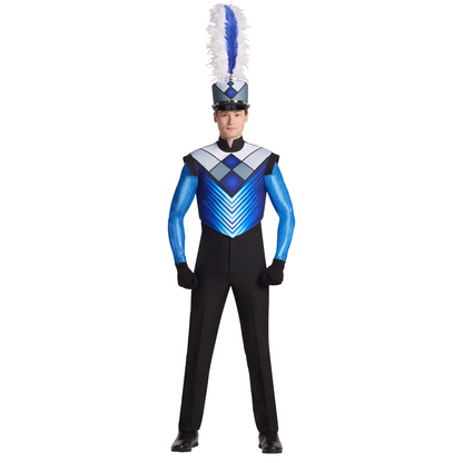 Person wearing a blue and black marching band uniform with a tall hat on a white background