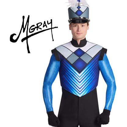 Person wearing a blue and black performance outfit with a white hat, branded 'M Gray'.