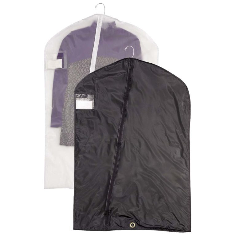 A black 40" vinyl garment bag with a clear panel for ID display, shown with a garment inside.