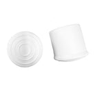 White Vivace rubber crutch tip and matching end view showing concentric anti-slip grooves on bottom and smooth outer side—designed to fit standard 1″ poles and improve stability.