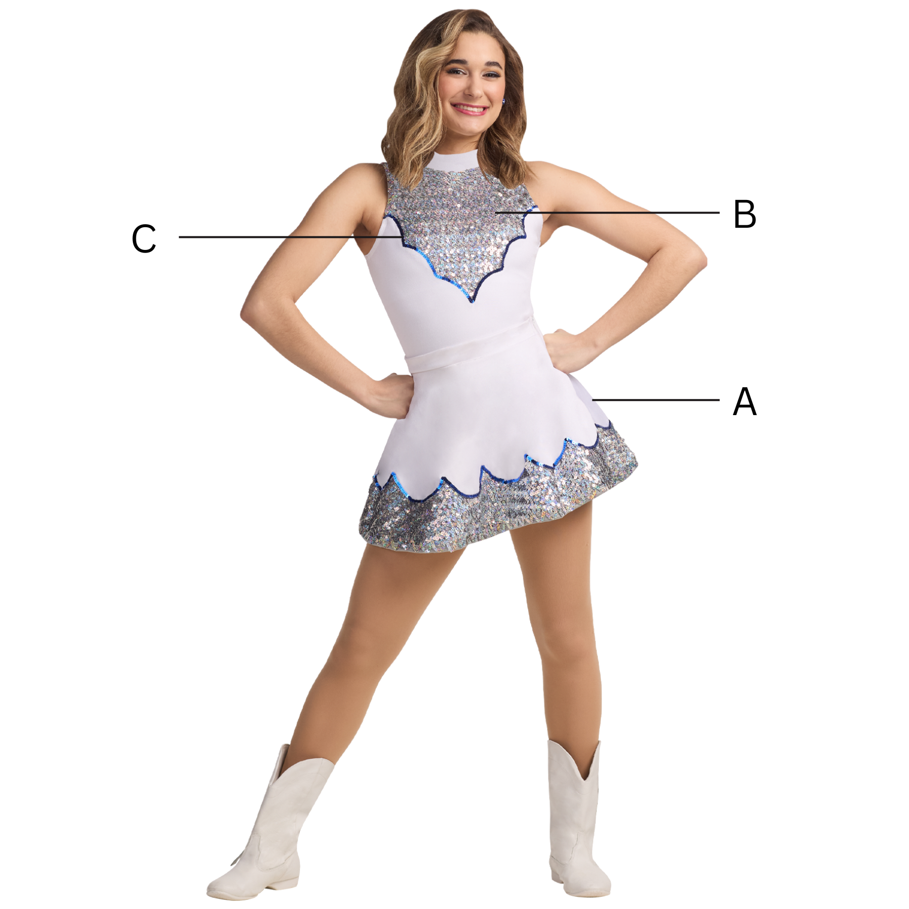Person wearing a white and silver dress with labeled parts on a white background