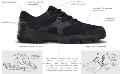 Rear view of Crossover shoe highlighting molded heel counter, padded collar, and stitched back seam for stability and durability.