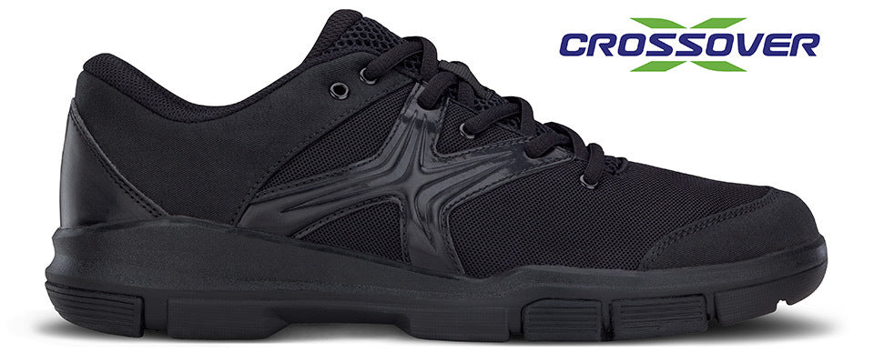 Crossover performance marching shoe in black leather with low-profile oxford styling, padded collar, and cushioned midsole for comfort during extended performances