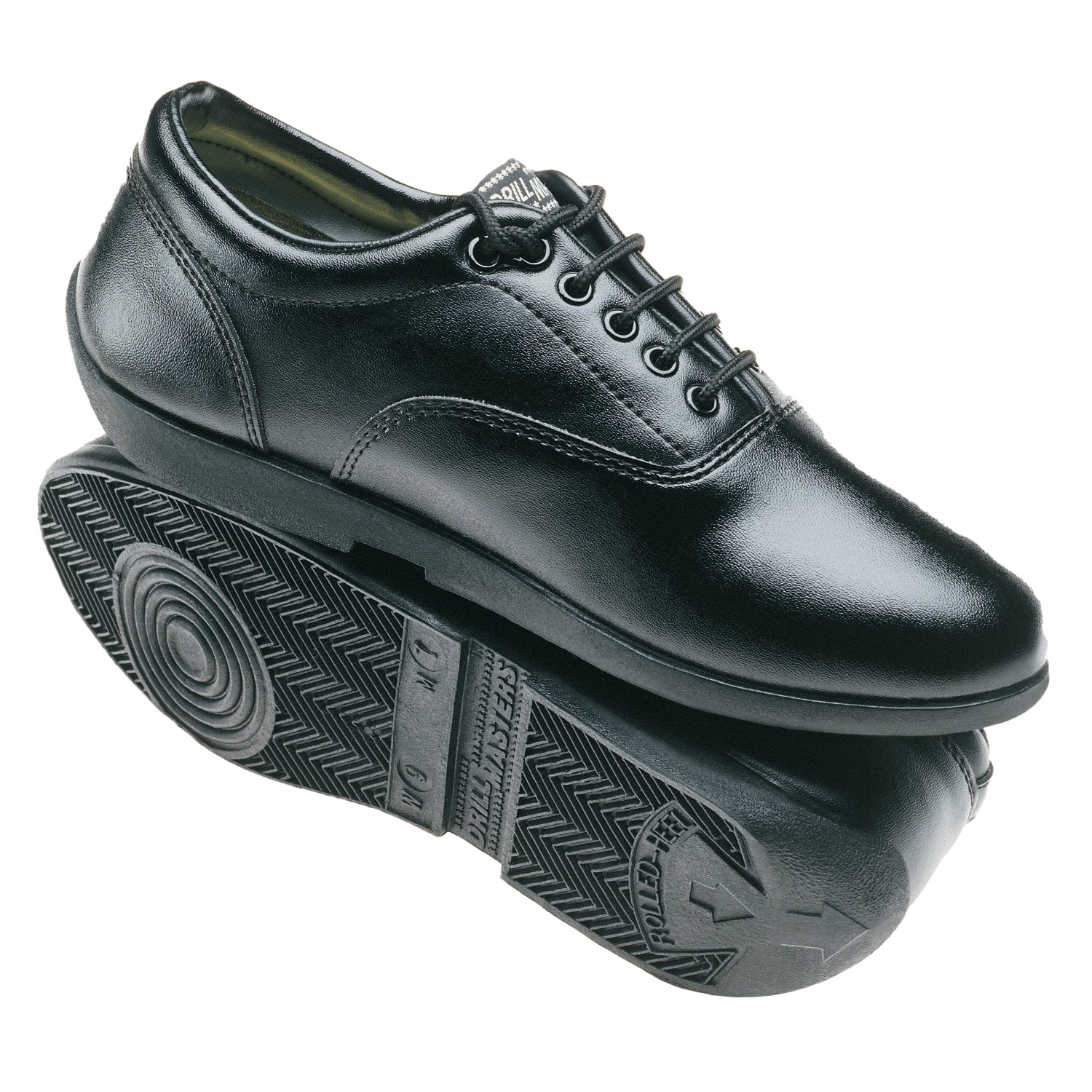 Drillmasters marching shoe in black full-grain leather with oxford-style lace-up front, padded collar, and lightweight non-marking rubber outsole for drill performance. Available in white 