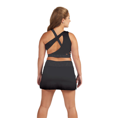 Rear view of S‑Line Dual‑Strap sports bra showing crossed dual shoulder straps forming an X-shape at back, elastic band under bust, and open back design—medium-impact support ideal for color guard or active use