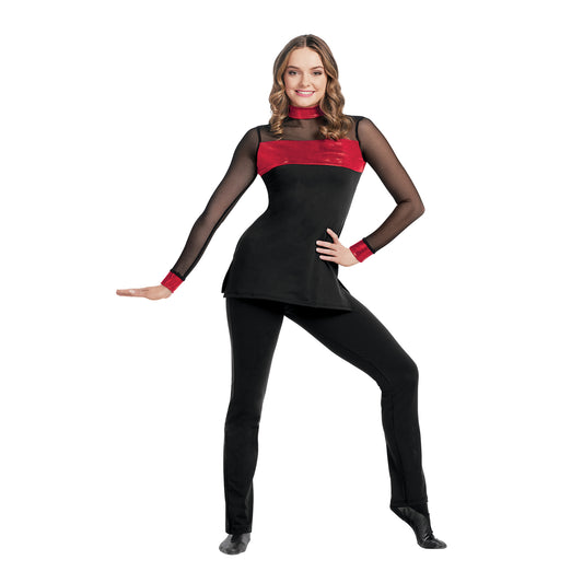 Woman wearing a black and red outfit on a white background