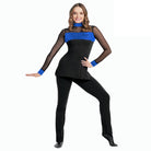 Woman wearing a black and blue outfit on a white background