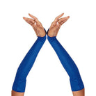 long glitter glove extending past the elbow, densely covered with shimmering fine glitter on stretch fabric, worn on arm with smooth elastic cuff—ideal for stage or drill-team sparkle. made to order