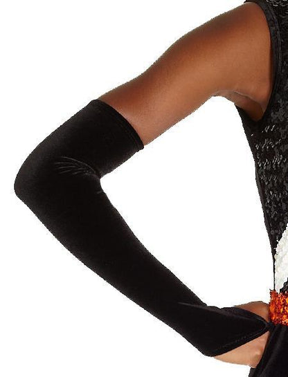 Long plush gloves stretch fabric, laid flat with full-finger coverage, and smooth seamless finish designed for guard and dance performances. made to order