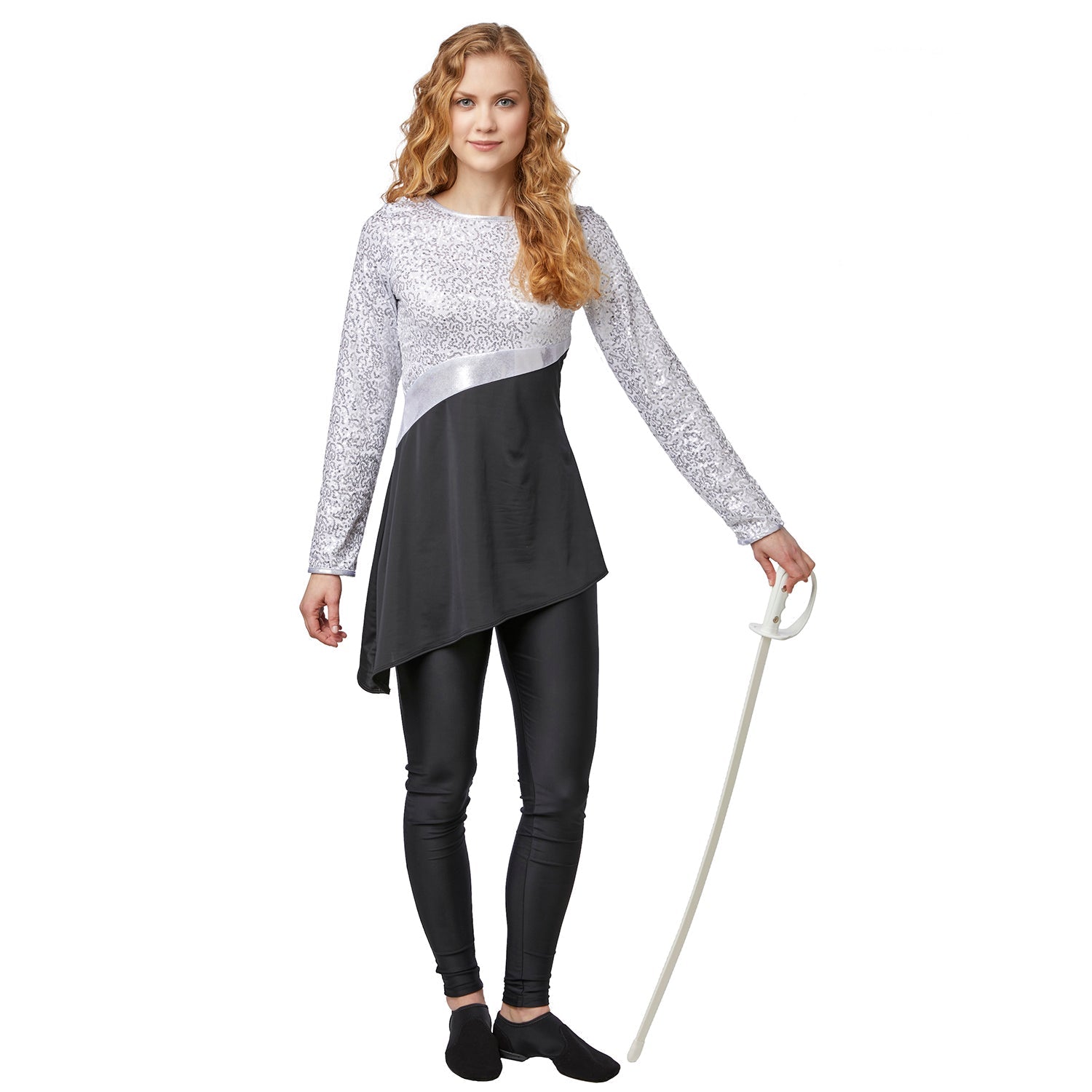 Vivace Influence ladies tunic in silver micro‑sequin on white top and black spandex bottom, asymmetrical empire waist, crew neck and long sleeves