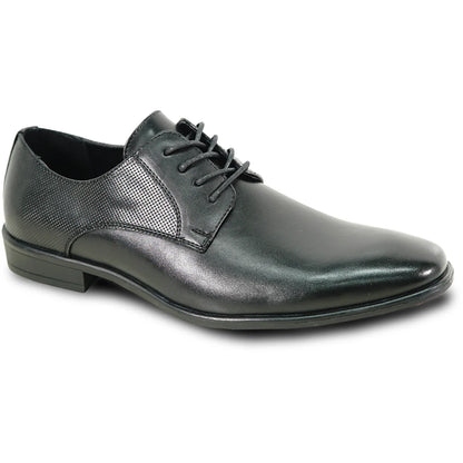 King 1 Oxford matte black marching shoe, smooth leather lace-up oxford style with subtle perforated cap toe and contrast welt stitching.