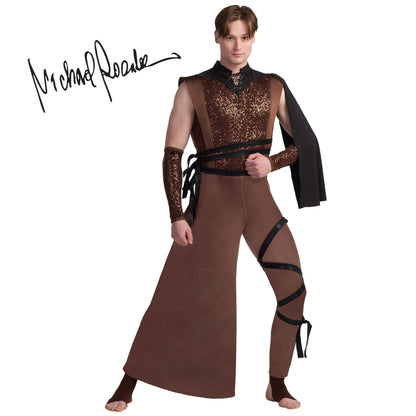 Person wearing a brown and black costume with a signature above