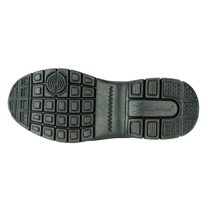 Sole view of RPM marching shoe showing full-length TPR rubber outsole with multidirectional tread pattern, reinforced heel pivot zone, and flex grooves for grip on turf, grass, and gym floors