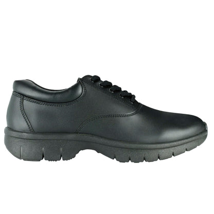 RPM marching shoe in black vegan leather, featuring reinforced double-stitch upper, TPR rubber sole with new multidirectional tread, reflex toe and heel for quick stops, and reduced tongue for a clean line.