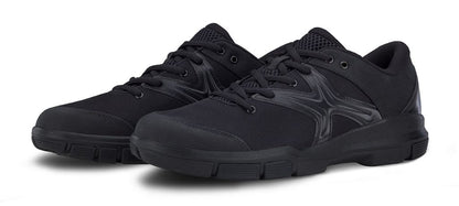 Front/top view of Crossover shoe displaying closed-lace vamp, reinforced toe box, and padded tongue for clean appearance and support in parade formations