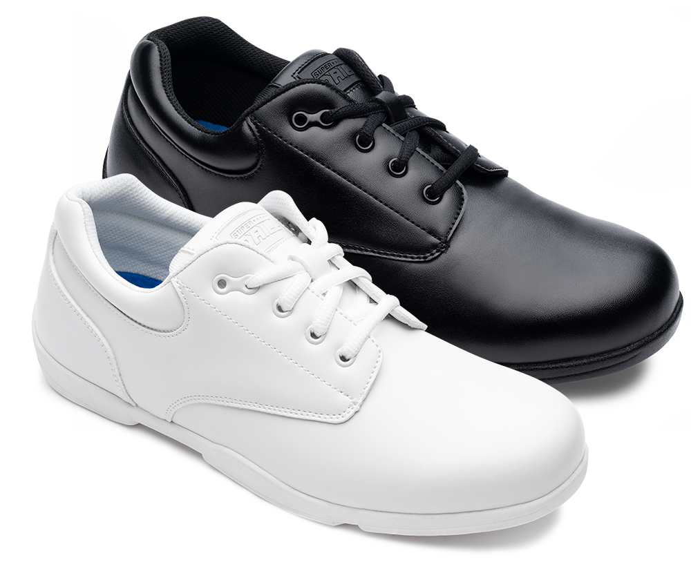 Same silhouette —
everything else, just hits different.
Our flagship Super Drillmasters marching band shoe, remolded and upgraded with all-new components from top to bottom for improved fit, feel, and function.

The essentials stayed: rolled heel, flex channel, split sole, Achilles notch. Wearability and durability are a whole new game.

We slashed the weight while boosting flex and grip with a new low-profile thermal rubber outsole. Then we amped the shock absorption and rebound with high-density memory fo