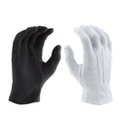 Vivace short cotton glove with PVC grip dots across the palm, snug elastic wrist cuff, and reinforced thumb seam—designed for secure contact with flags, batons, or props. available in black or white 