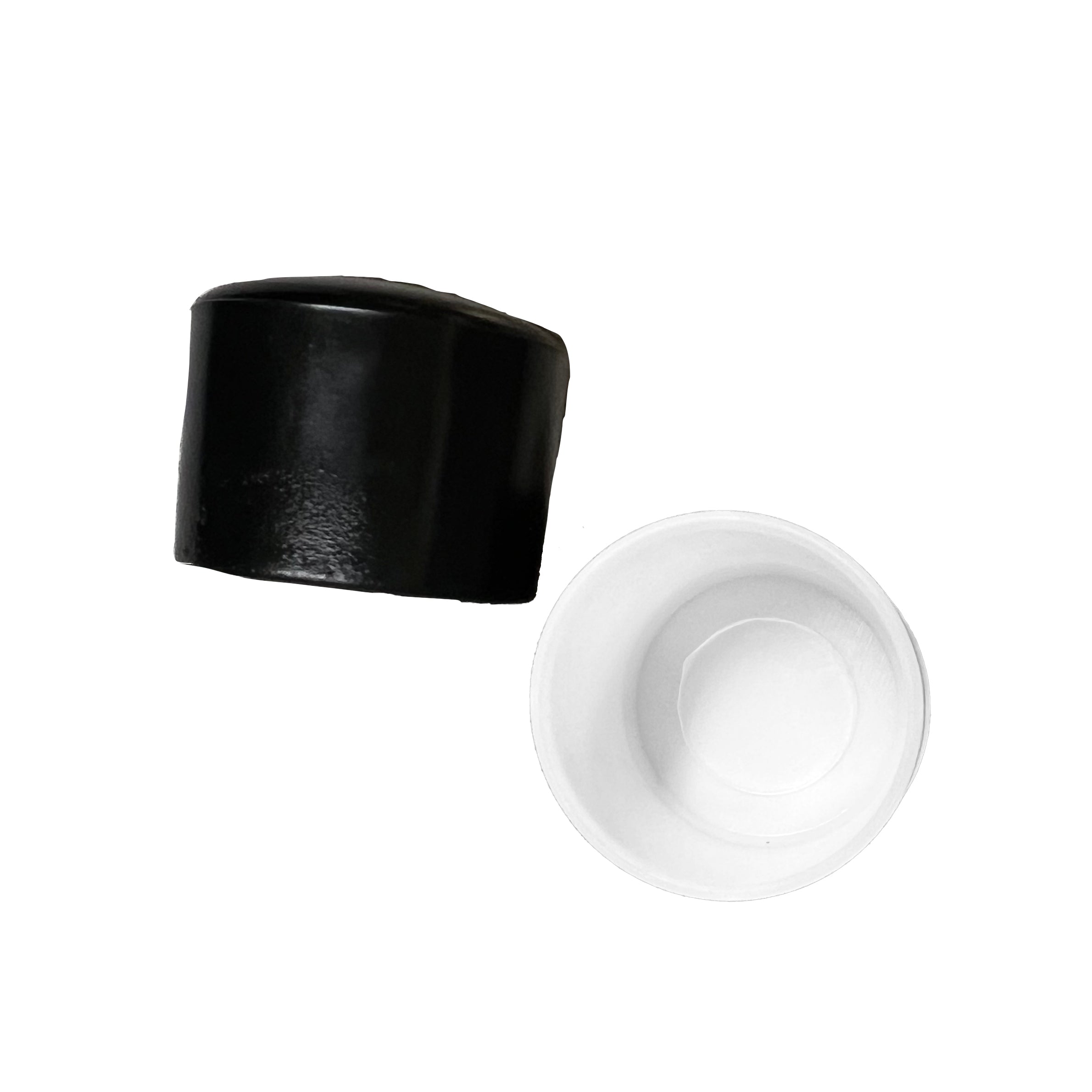 White and black Vivace vinyl pole cap shown both outside and inside views—smooth exterior cap and hollow interior lip to securely grip 1″ pole shafts.