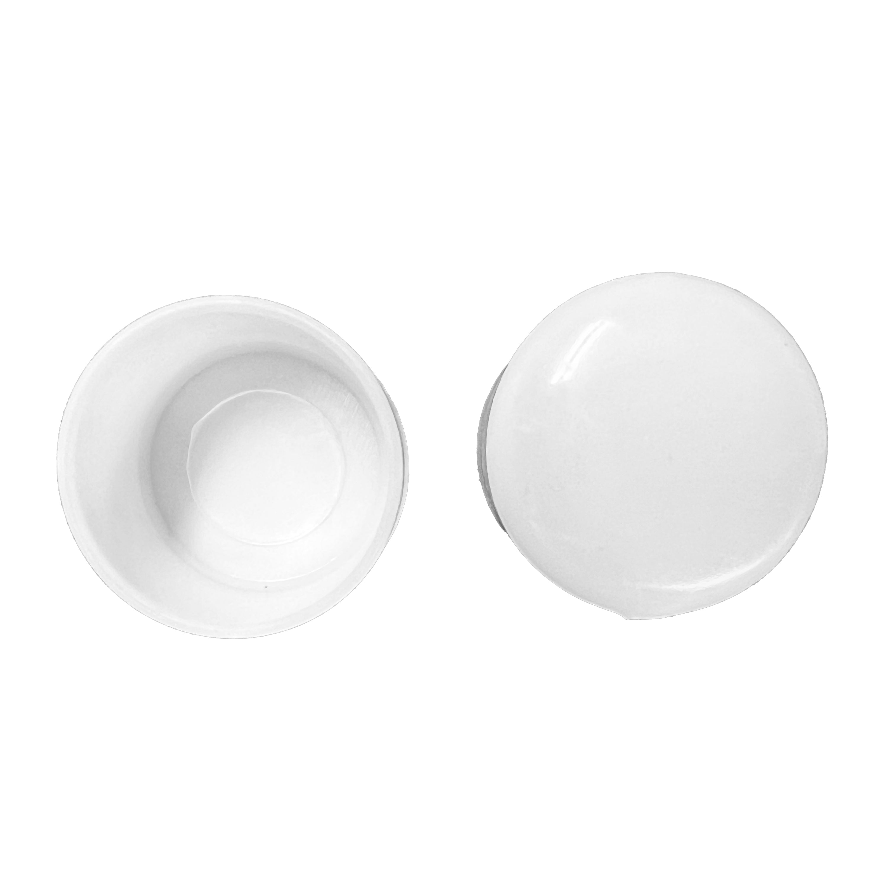 White and black Vivace vinyl pole cap shown both outside and inside views—smooth exterior cap and hollow interior lip to securely grip 1″ pole shafts.