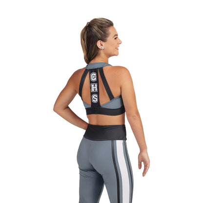 Rear view of S‑Line Trio Back sports bra showing three‑strap support across back labeled ‘CHS’, medium-impact fit with broad elastic band—ideal for color guard and marching performers.