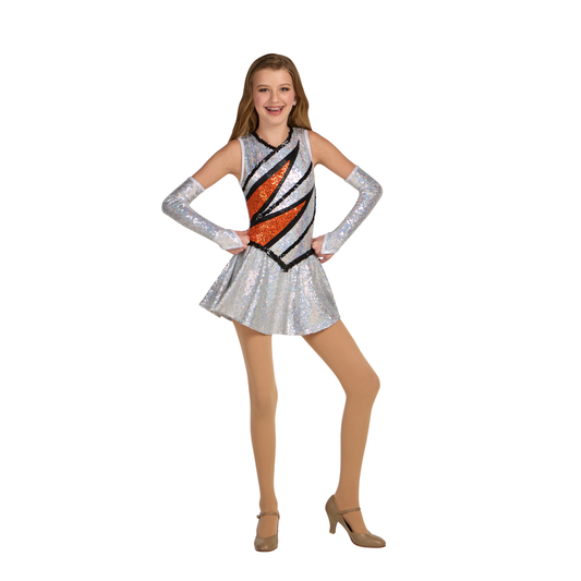 Young girl wearing a silver and orange dress with sequins on a white background