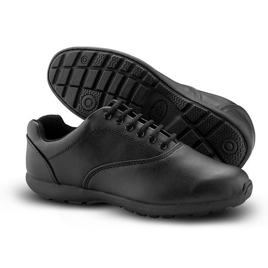 elocity 1 marching shoe in black with sleek low-profile leather upper, padded collar, and rounded toe for smooth transitions during performance. Underside of black Velocity 1 shoe displaying full-coverage rubber sole with flex grooves and inset tread pattern for superior grip on turf and pavement
