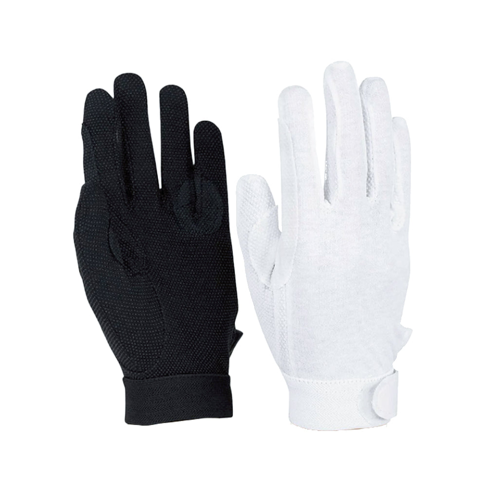 Vivace short cotton glove with PVC grip dots on palm, elastic wrist cuff with adjustable Velcro strap, and reinforced thumb seam—designed for secure baton, flag, or prop handling in colors black or white 
