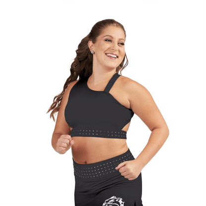 Model wearing black S‑Line Dual‑Strap sports bra with full front coverage, scoop neckline, elastic underband, and two slender shoulder straps—styled with high-waist leggings for performance wear.