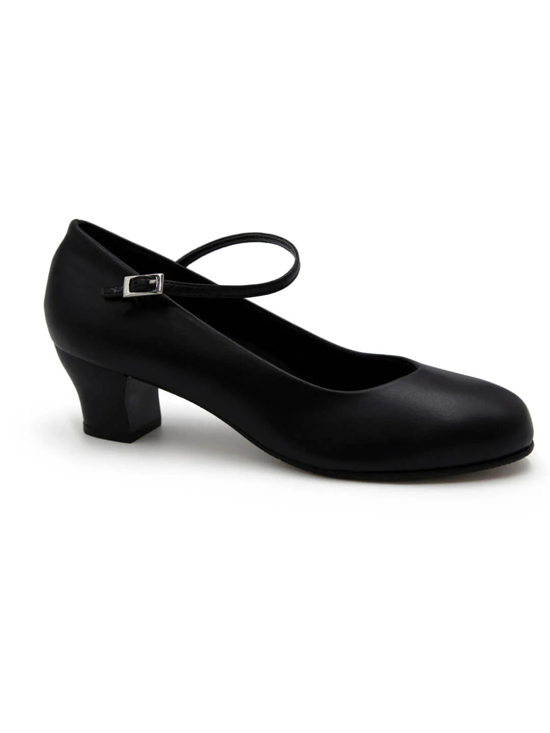 A Black Capezio Character shoe. Black Mia Jr 1.5″ character shoe with PU microfiber upper, leather sole, moderate 1.5″ heel, and V‑vamp buckle strap in studio shot