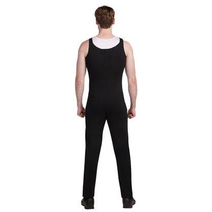 Rear view of BibFlex by DeMoulin black stretch marching band bibbers showcasing tailored fit, discreet rear zipper, and adjustable snap hem for enhanced flexibility and comfort.