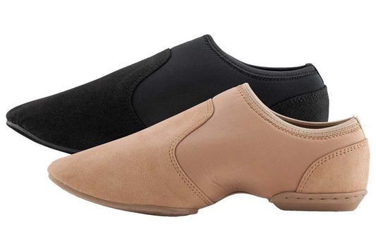 Ever‑Jazz split‑sole guard shoe shown in tan and black, laceless elastic design with flexible upper and low heel, ideal for color guard and indoor/outdoor performances.